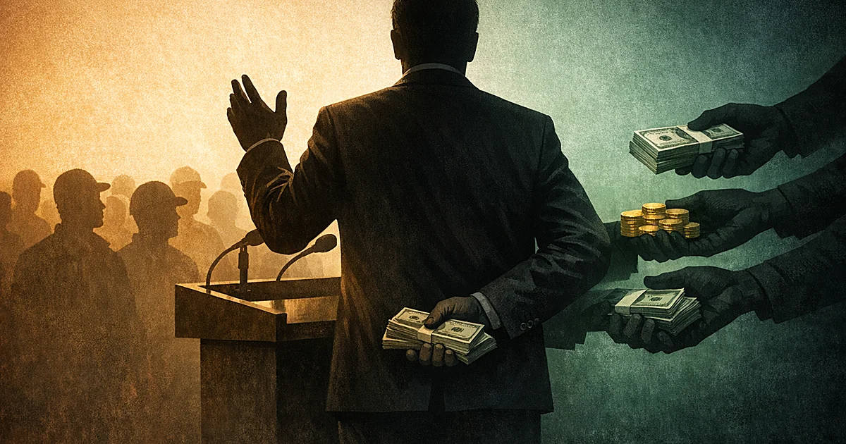 Silhouetted politician speaking to workers while secretly receiving money from behind their back