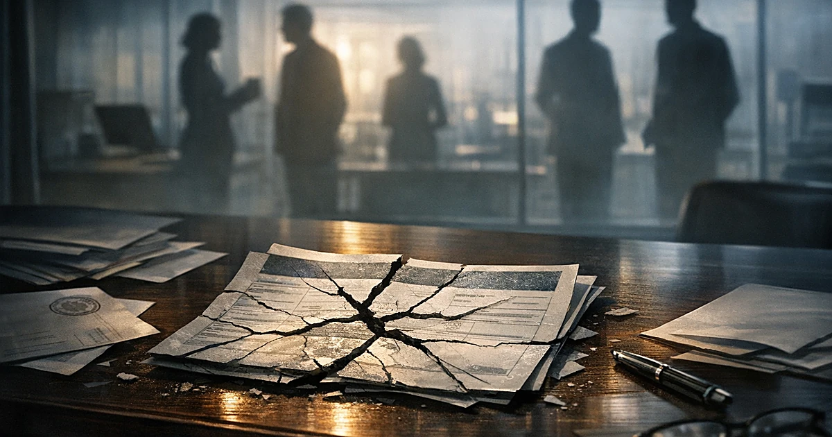 Cracked H-1B visa document on desk with silhouetted figures visible through glass wall in background