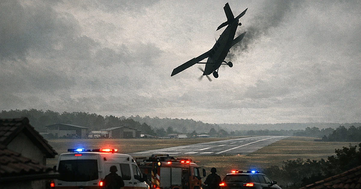 Small aircraft banking steeply near ground with emergency vehicles below at rural airfield