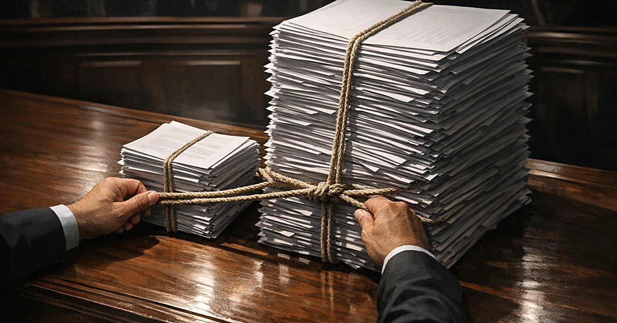 Overhead view of hands binding two unequal stacks of legislative documents together on a wooden desk