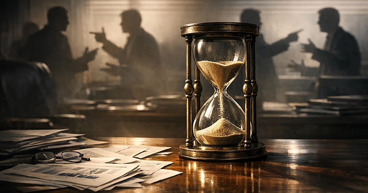 Hourglass with draining sand on desk with silhouetted figures in disagreement in background