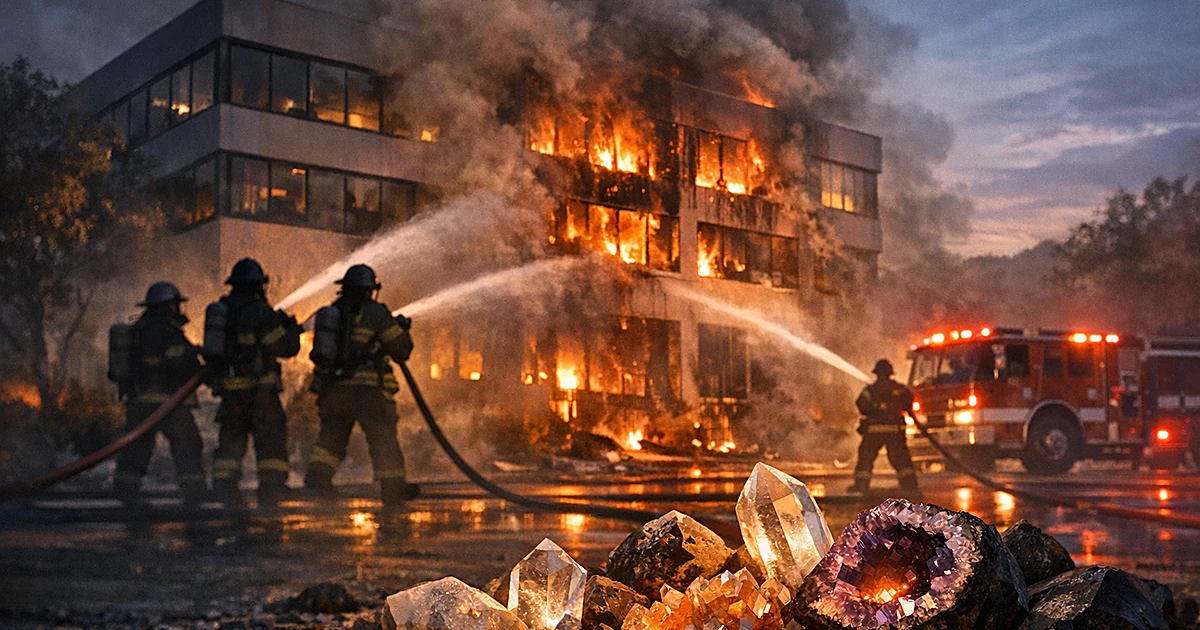 Firefighter silhouettes battling flames at an office building with crystals scattered in the foreground