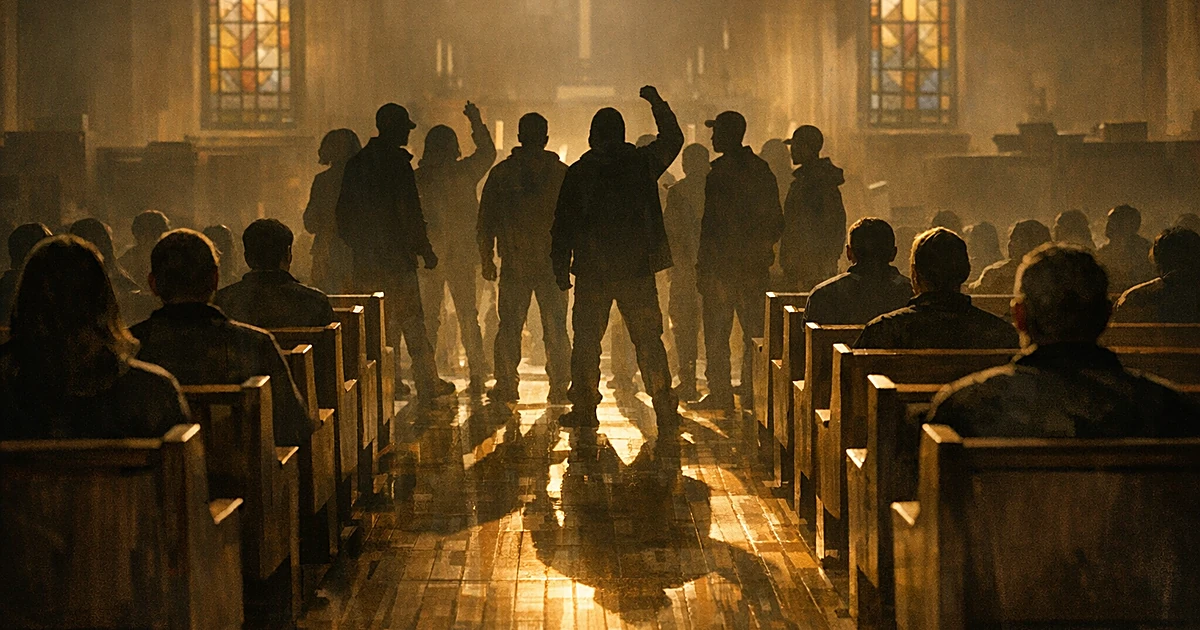 Silhouetted figures standing in church aisle among seated congregants, viewed from behind with dramatic window lighting
