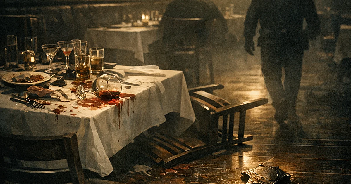 Overturned chair and scattered items on restaurant table with sheriff's badge on floor amid empty cocktail glasses