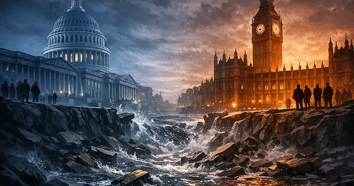 Two government buildings separated by turbulent water, lit in contrasting blue and amber tones showing division