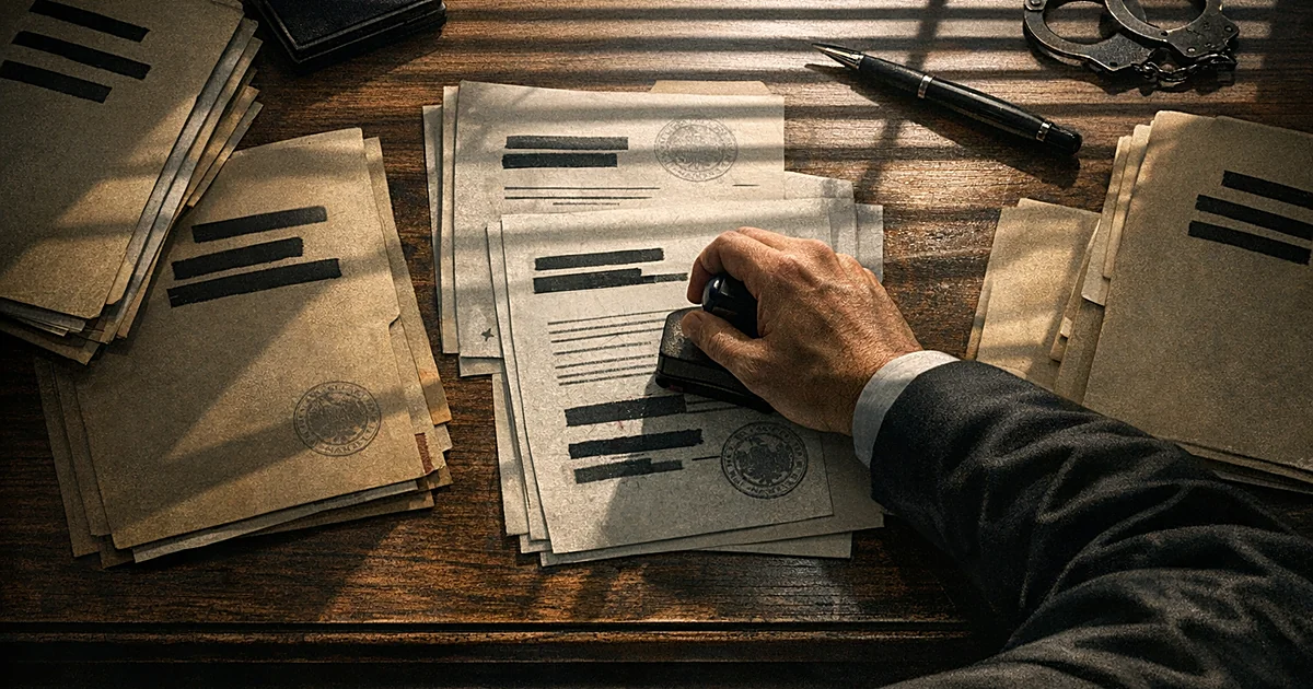 Overhead view of government desk with stamped documents, folders, and hand stamping papers in shadowed office setting