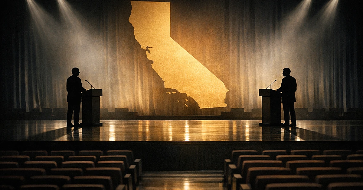 Two silhouetted figures on opposite ends of debate stage with California outline projected behind them