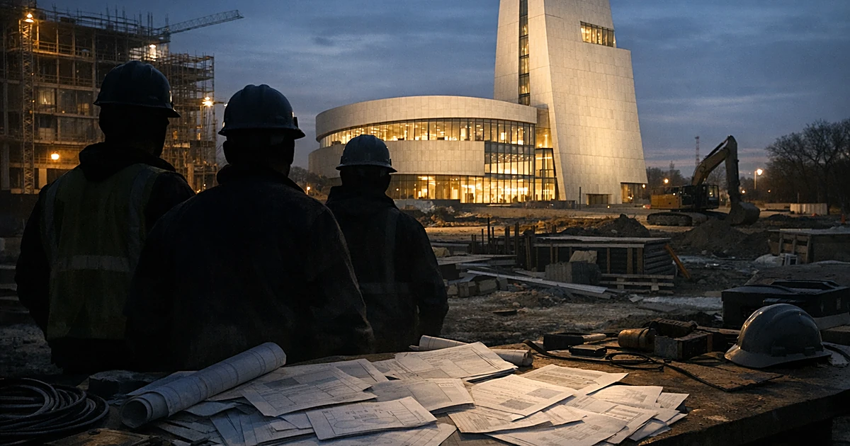 Silhouettes of construction workers facing incomplete building with scattered documents and tools in foreground