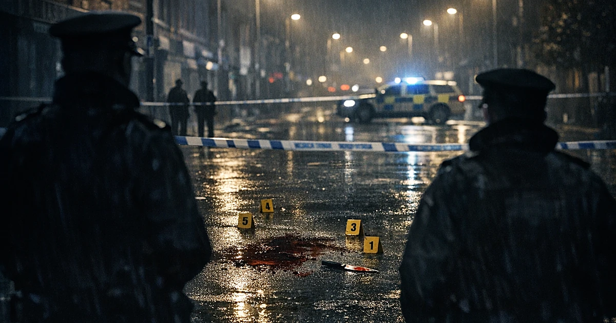Night scene of cordoned Belfast street with police silhouettes and evidence markers on wet pavement