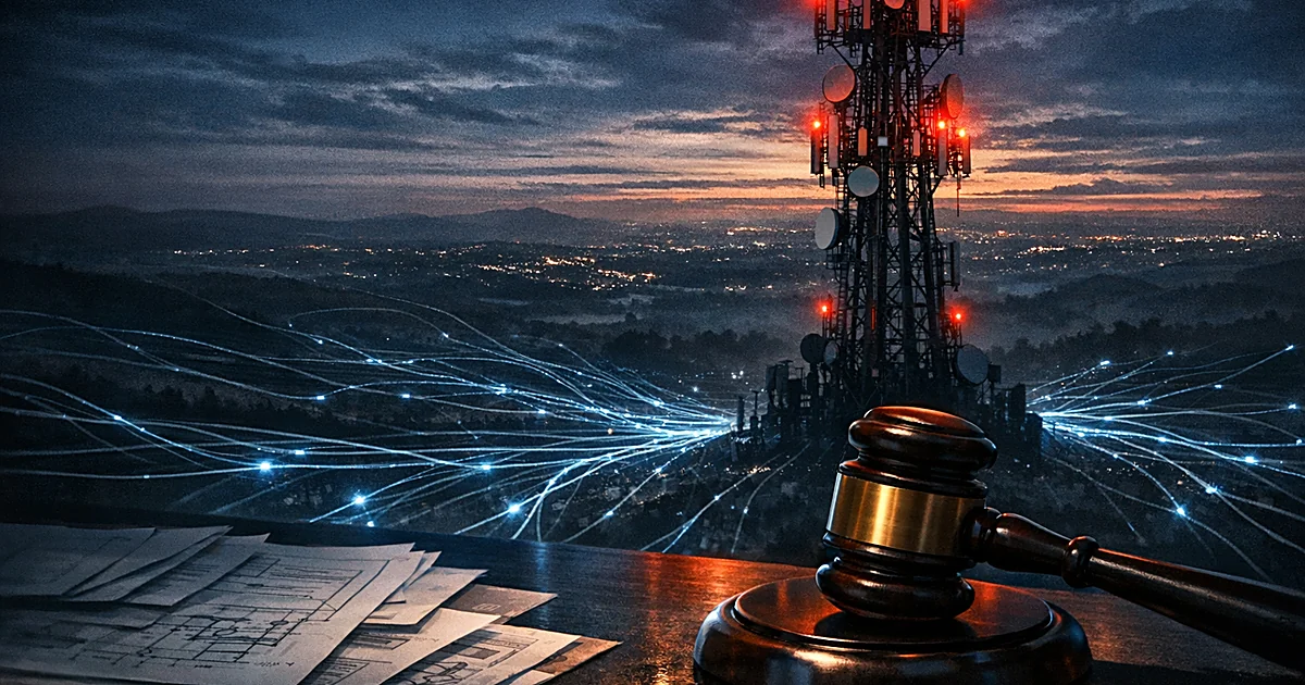 Telecommunications tower with fiber optic cables spreading outward, large gavel in foreground casting shadow over documents