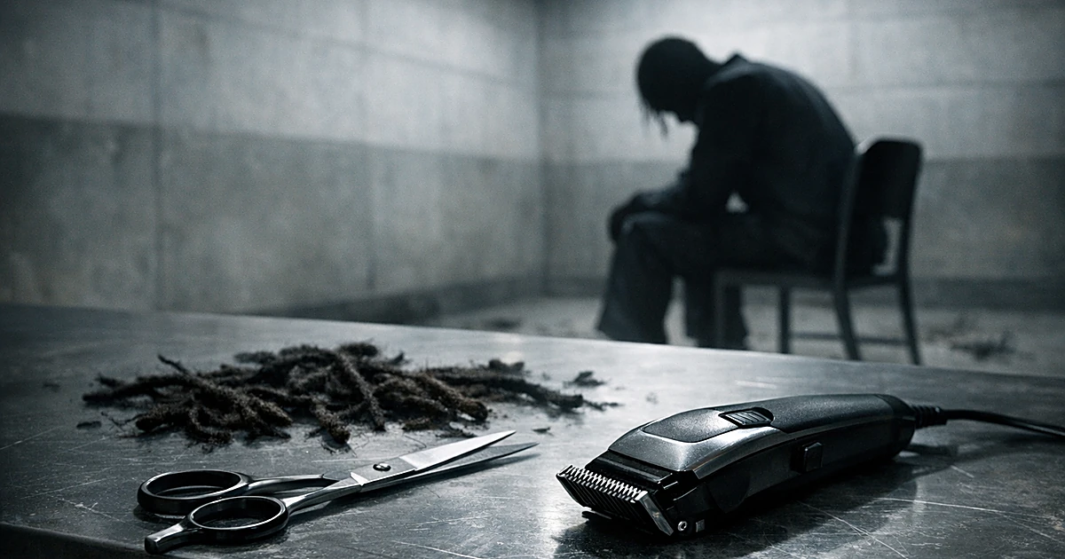 Scissors and clippers on metal table with silhouetted figure and cut dreadlocks on floor in institutional room