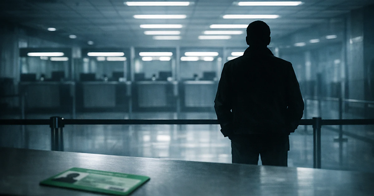 Silhouetted person at airport immigration checkpoint with green card on counter, facing empty inspection booths