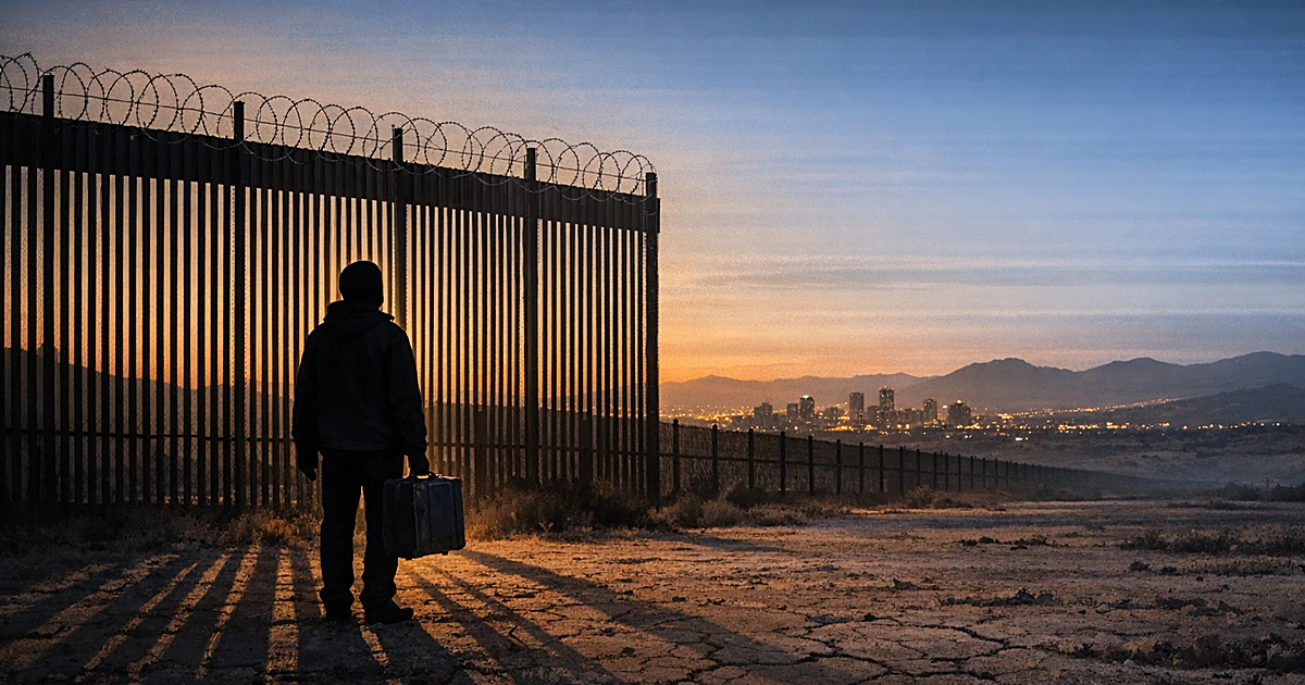 Silhouetted person with suitcase stands at border fence facing distant city across desert at dusk