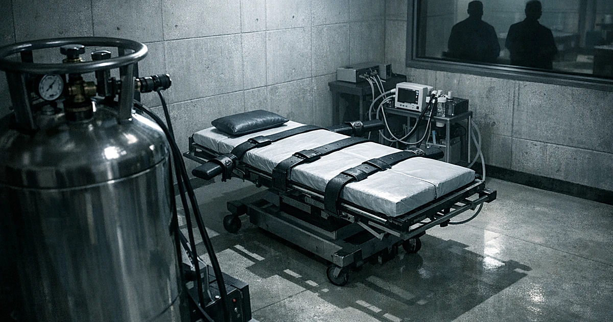 Empty execution chamber with gurney and nitrogen gas tank connected by tubes in stark institutional setting