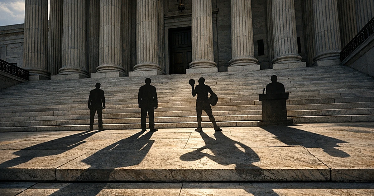 Four distinct shadows cast across courthouse steps beneath towering columns in dramatic lighting
