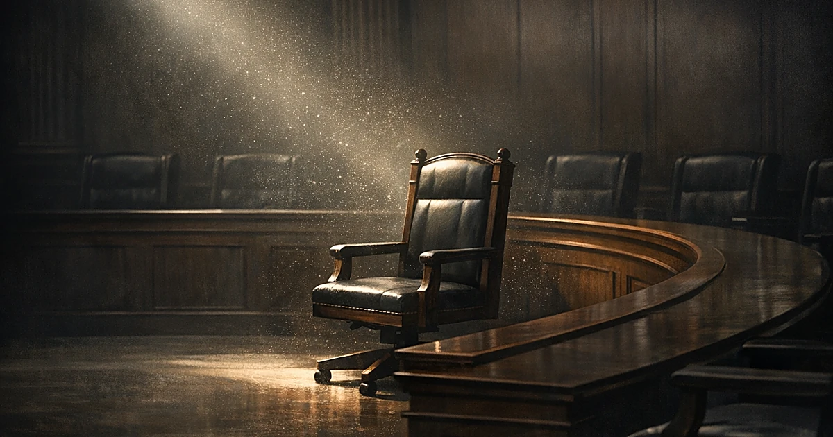 Empty judge's chair pushed back from courtroom bench, isolated in dramatic lighting with surrounding seats in shadow