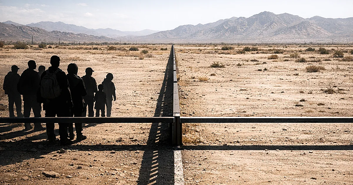 Border barrier in desert with silhouetted figures on one side, empty space on other, showing physical territorial divide