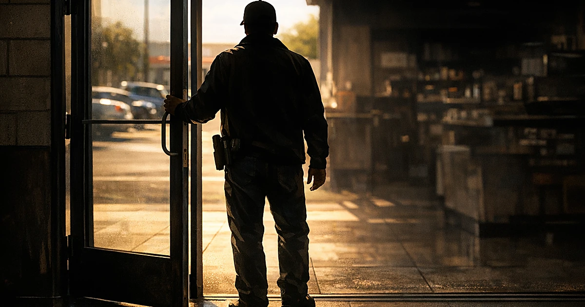 Silhouetted person pausing at threshold of store entrance, caught between exterior light and dark interior