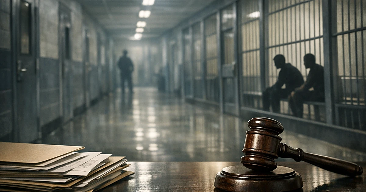 Gavel and legal documents in foreground with detention facility hallway and silhouettes behind security glass in background
