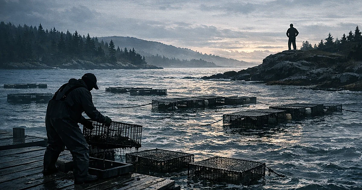 Silhouetted figure working oyster farm on Maine dock with coastal hills in background