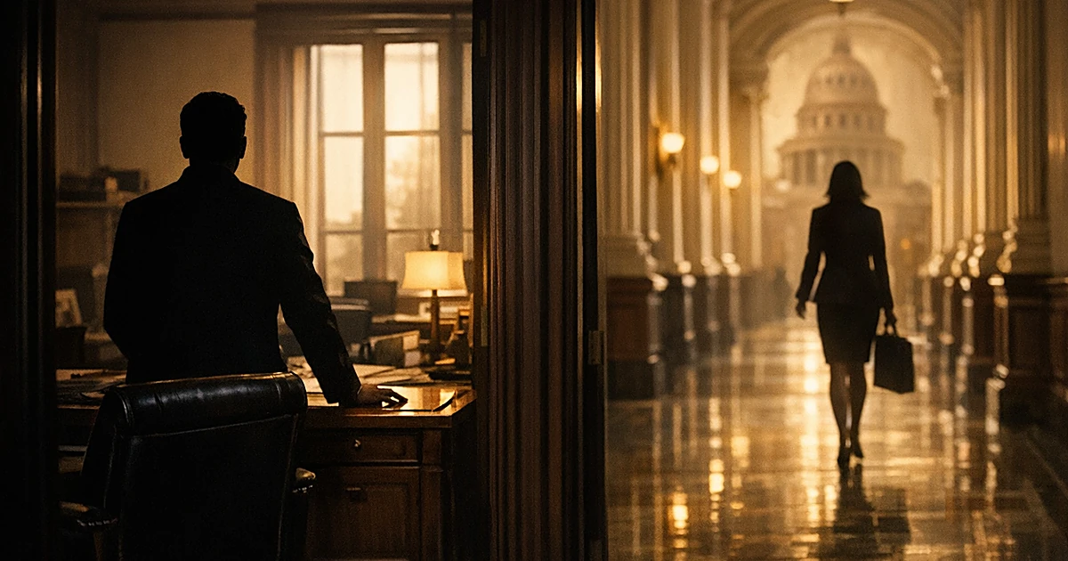 Silhouetted figures in a state capitol office, one at desk, another walking away down hallway with briefcase