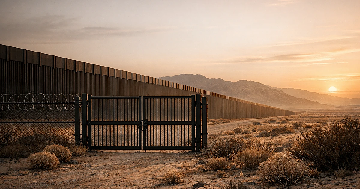 Empty desert border landscape with closed gate and concrete barrier wall extending across barren terrain
