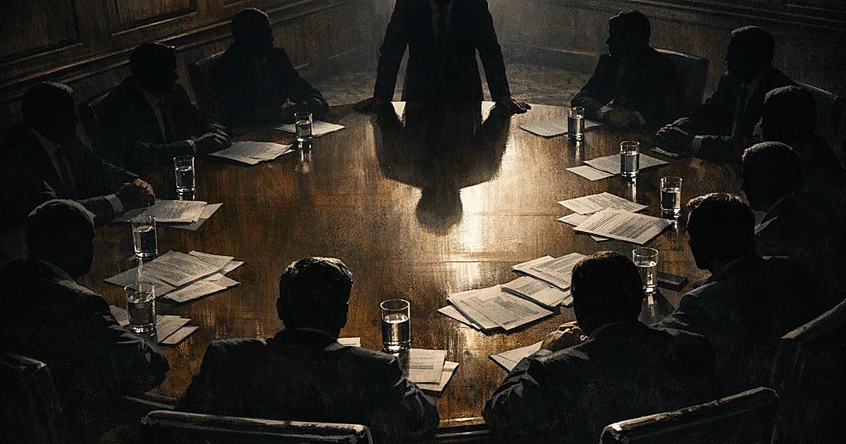 Silhouetted figures around a conference table in a dimly lit meeting room, viewed from behind in dramatic lighting