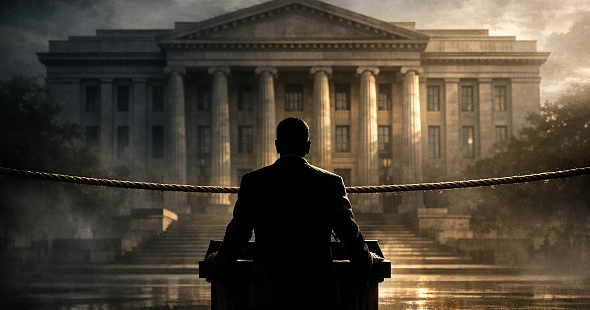 Silhouetted figure at podium facing columned government building with tightrope stretched between them