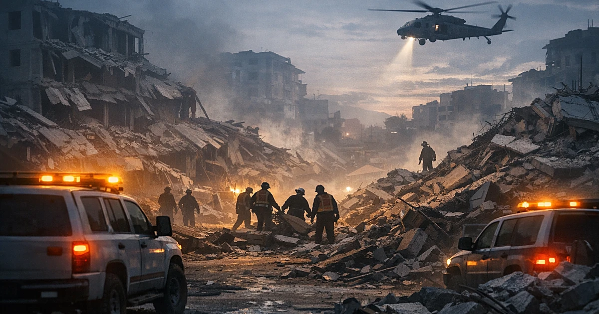 Rescue workers silhouetted among collapsed buildings and rubble after earthquake with emergency vehicles nearby