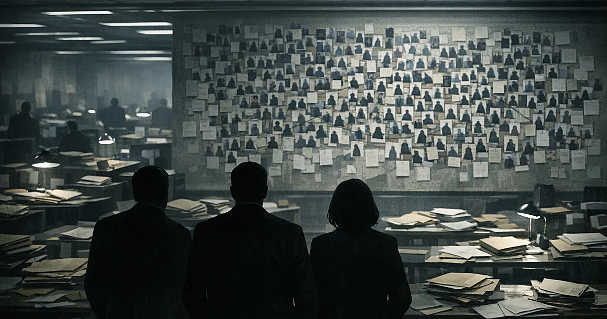 Silhouetted officials in government office facing wall covered with documents and photographs in grid pattern