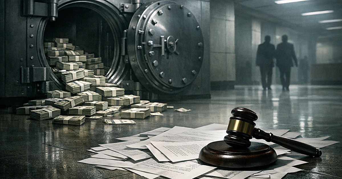 Open vault with scattered money, gavel in foreground, and abandoned documents on floor in empty government building