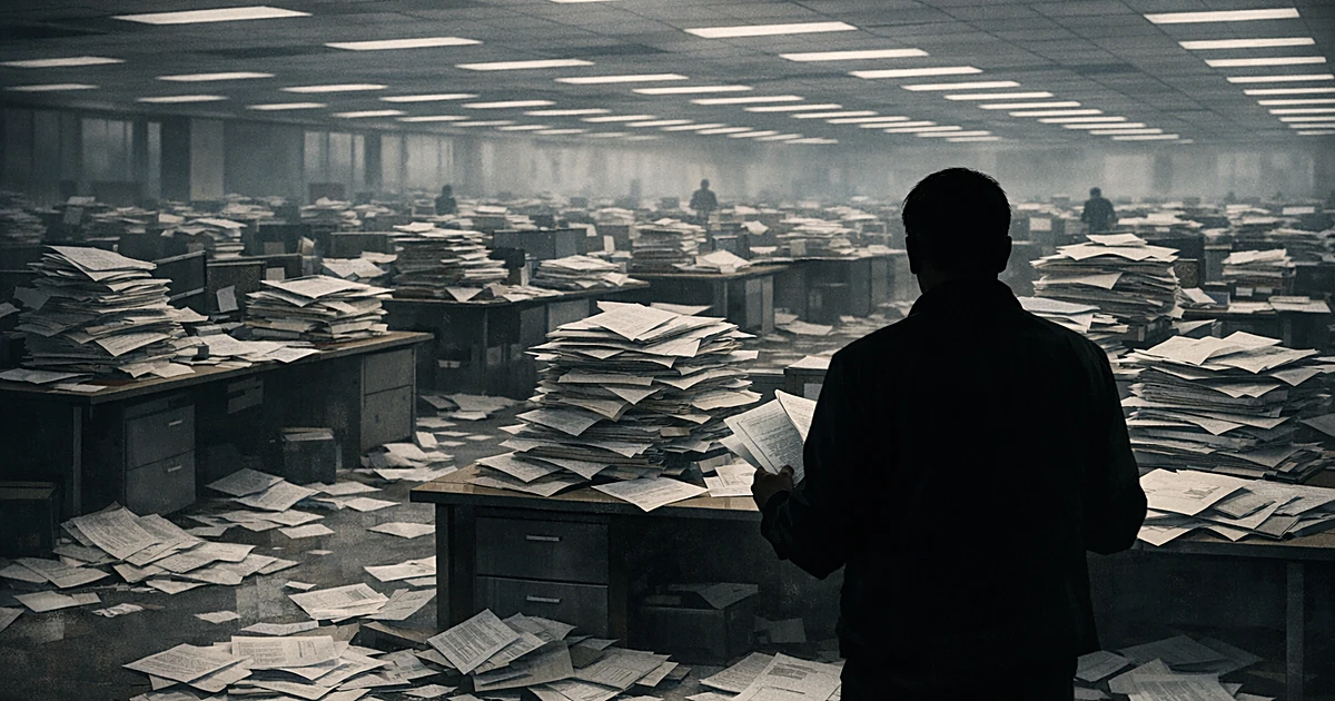 Empty office with desks covered in scattered enrollment forms and paperwork, silhouetted figure viewing the disorder