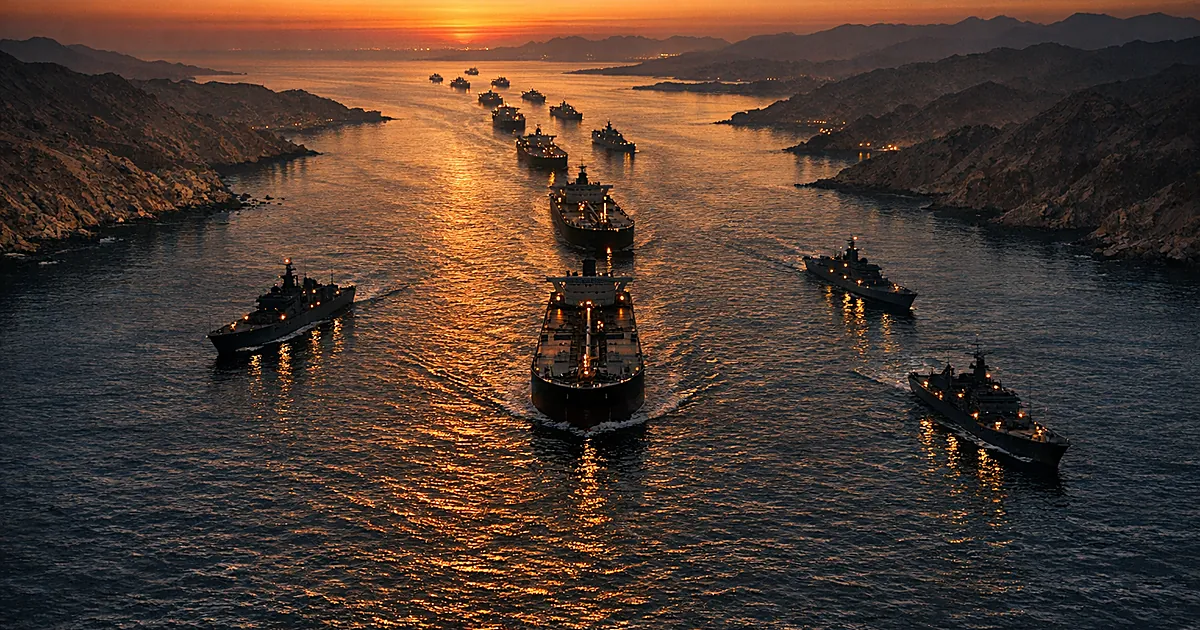 Aerial view of oil tankers escorted by naval vessels through narrow strait at sunset