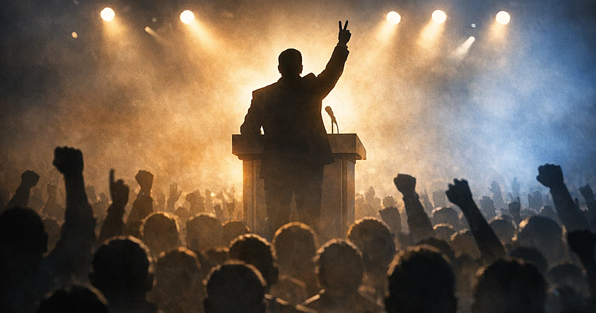 Silhouetted figure at podium with raised arm before crowd of shadowy figures at victory rally