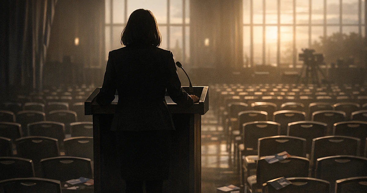 Silhouetted figure at podium on stage facing empty chairs in Louisiana venue with evening light through windows