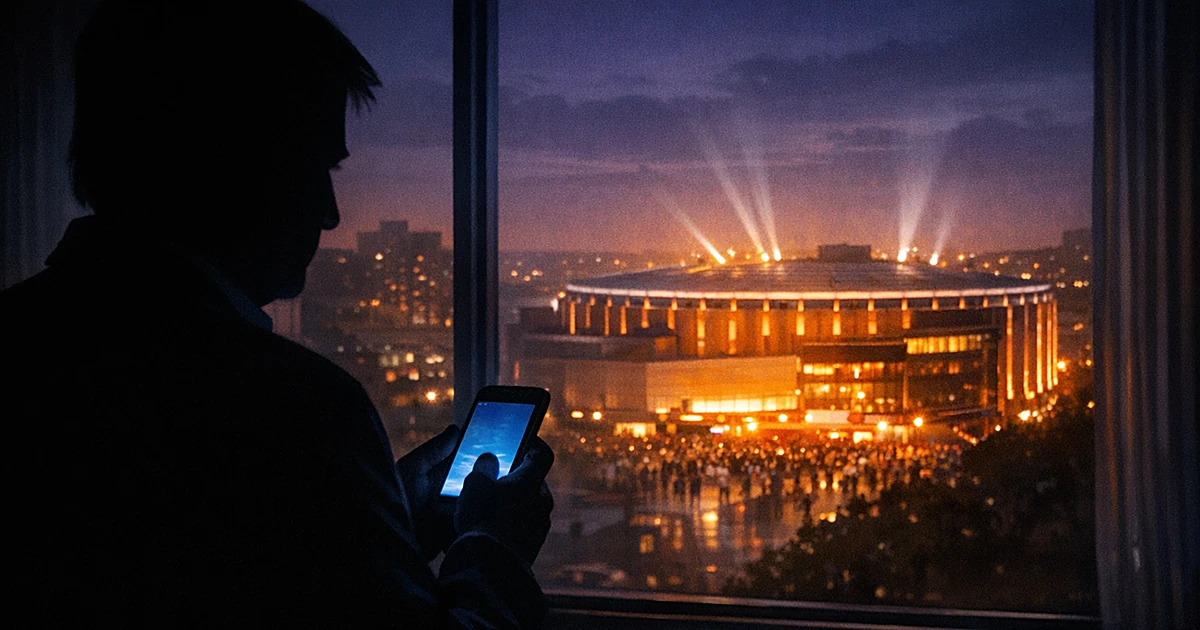 Silhouetted person viewing glowing phone with distant illuminated basketball arena visible through window at night