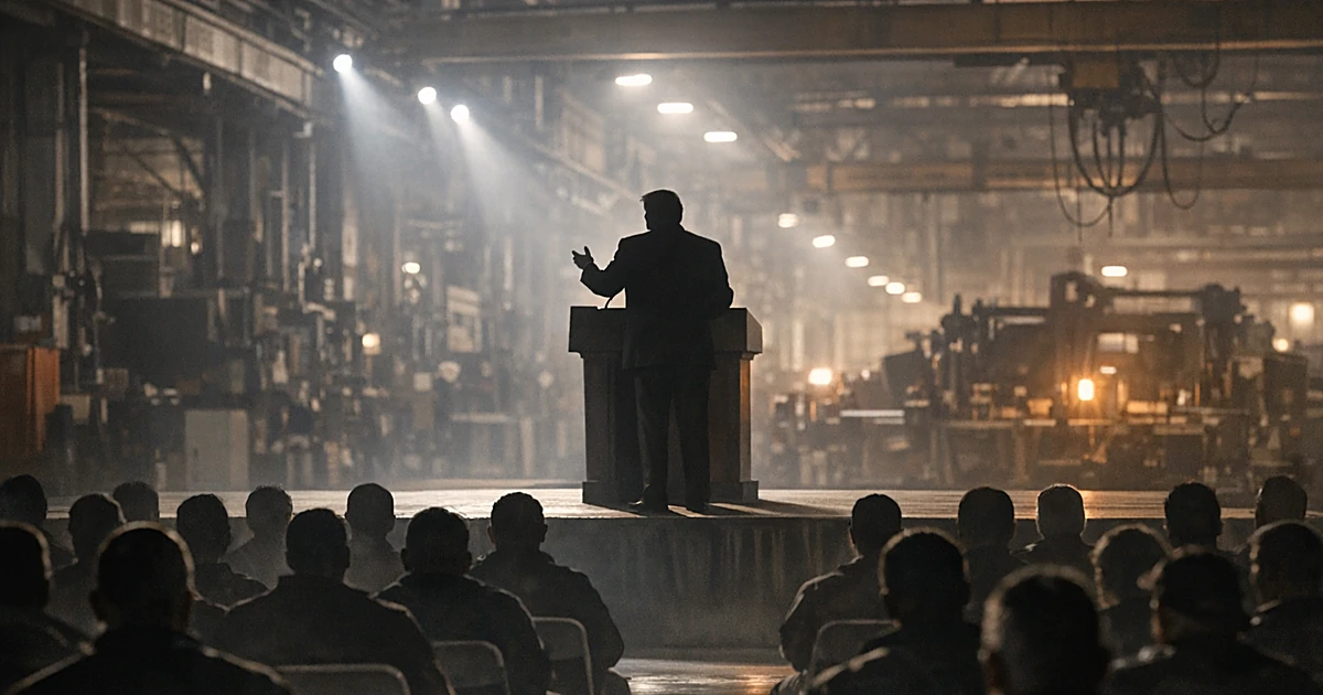 Silhouetted speaker at podium addressing crowd in industrial facility with manufacturing equipment in background
