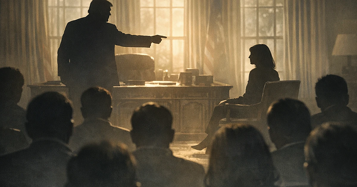 Silhouettes in oval office during tense press conference, figure at desk gesturing toward seated journalists
