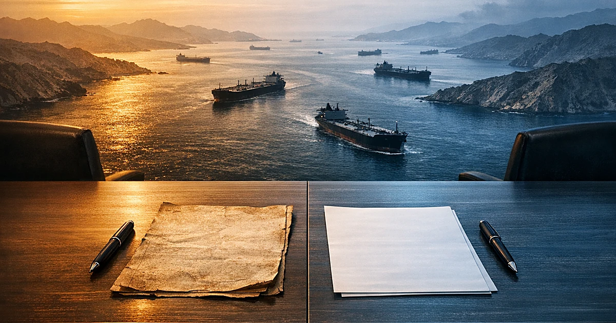 Aerial view of Strait of Hormuz with tankers and conference table showing two contrasting diplomatic documents