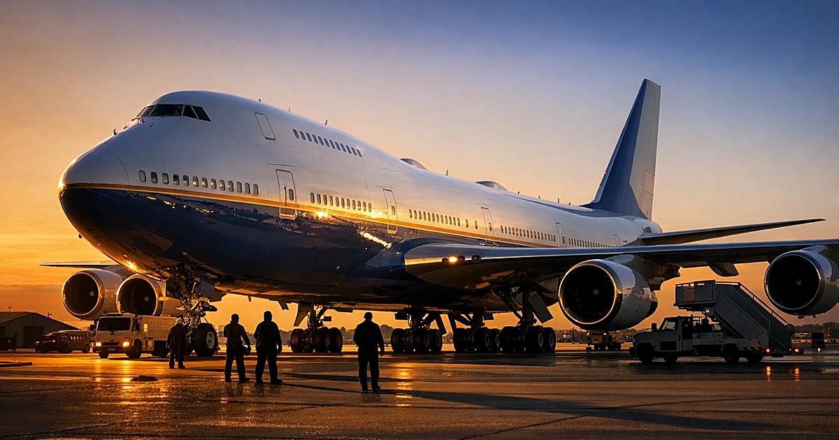 Large white and blue Boeing 747 on military airbase tarmac with silhouetted ground crew at sunset