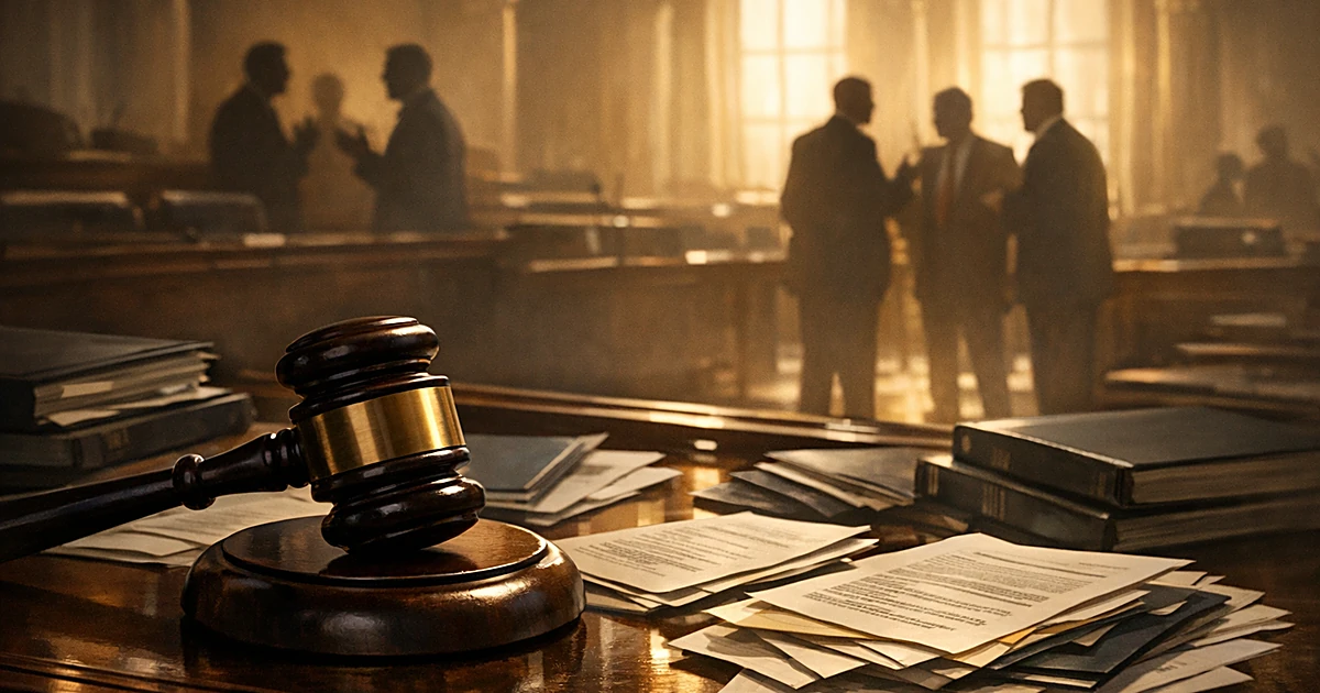 Gavel on Senate desk with rulebooks and silhouetted figures in tense discussion in chamber background