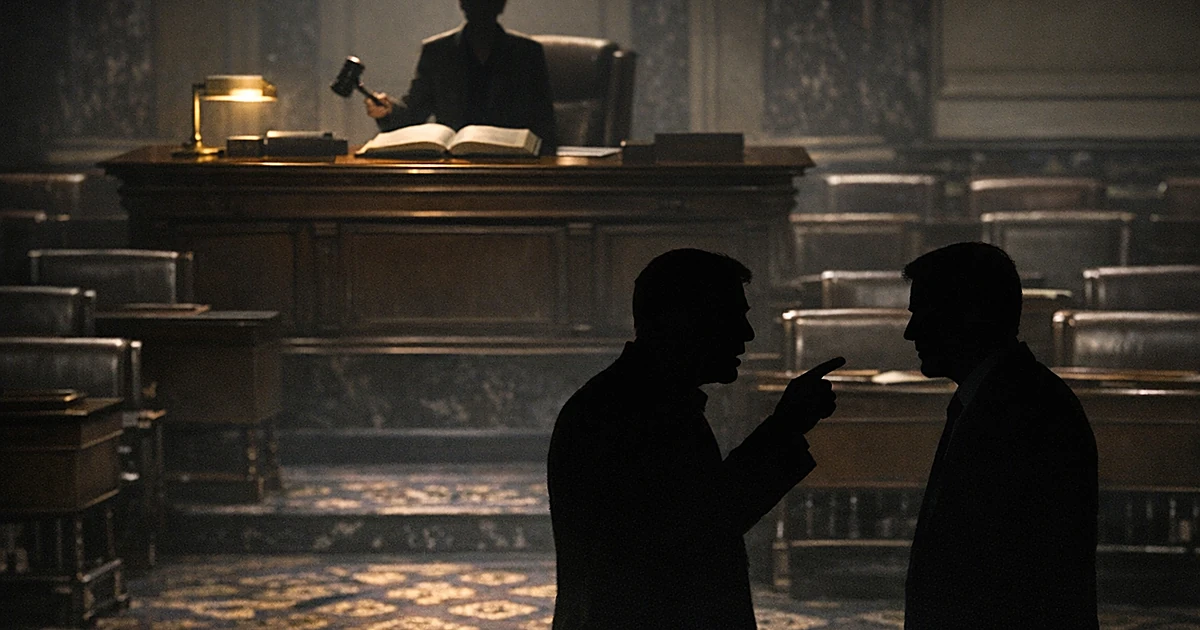 Silhouetted figures in confrontation in Senate chamber with parliamentarian at desk holding gavel over rulebook