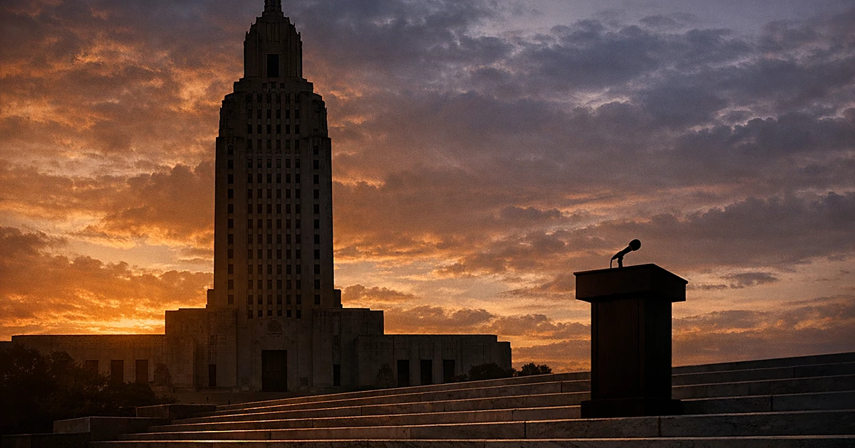 Empty capitol steps with podium at sunset, symbolizing political transition in Louisiana Senate race