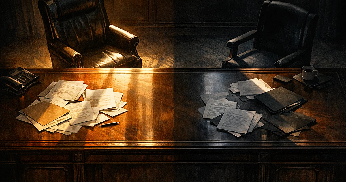 Overhead view of government office desk with two opposing chairs separated by scattered papers and dramatic lighting