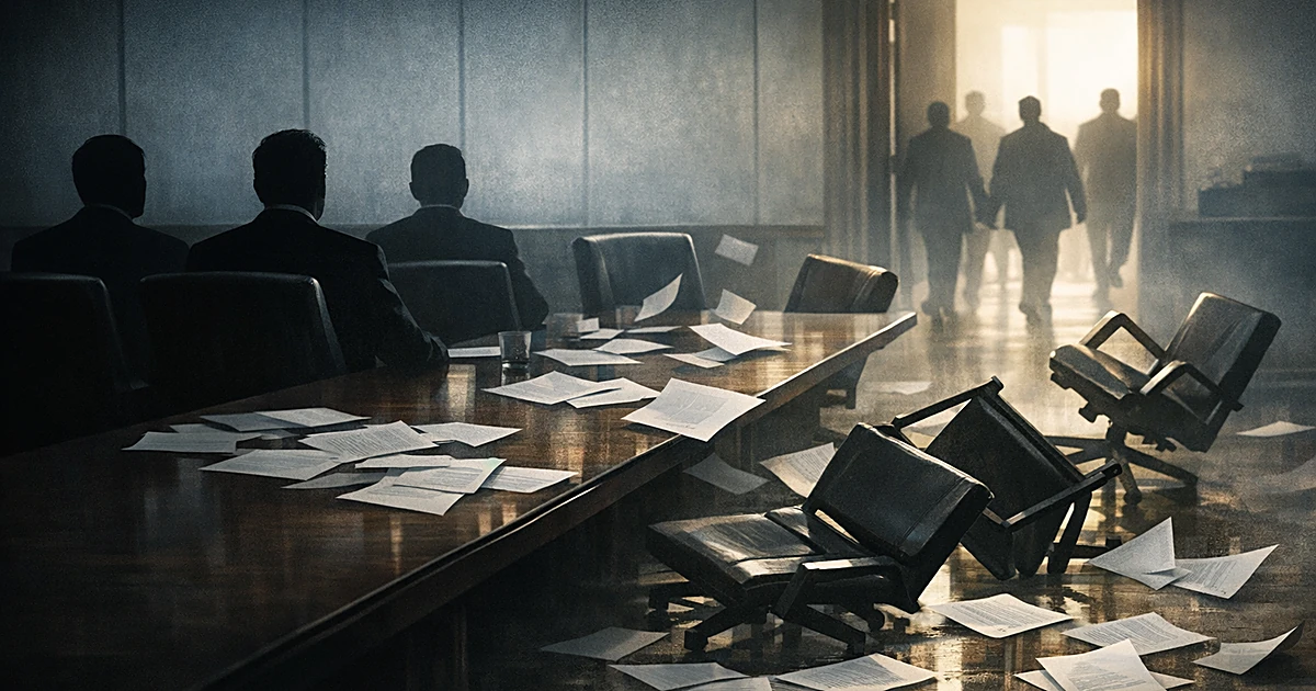 Silhouetted figures at conference table with empty toppling chairs and scattered papers suggesting political upheaval