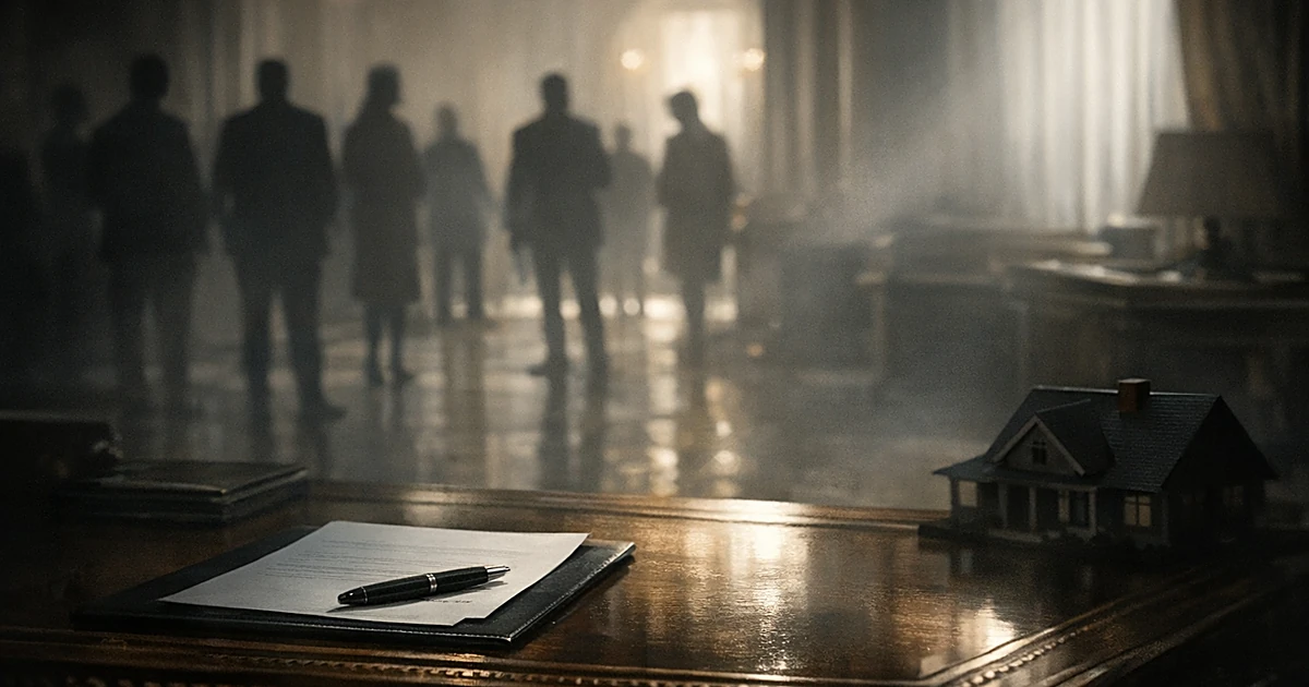 Empty desk with unsigned document and pen, silhouettes waiting in background, small house model in shadow