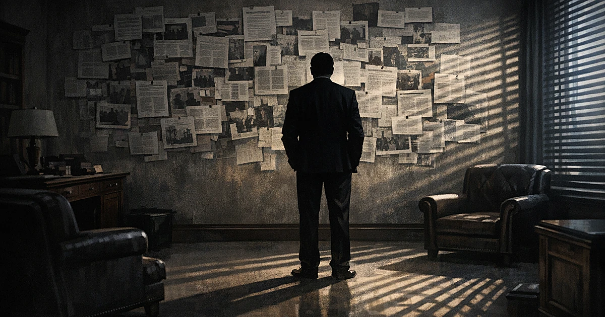 Silhouetted figure facing wall of newspaper clippings in empty congressional office with dramatic shadow