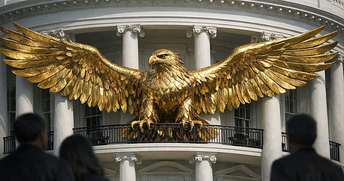 Large golden eagle sculpture spanning white columns on a neoclassical balcony