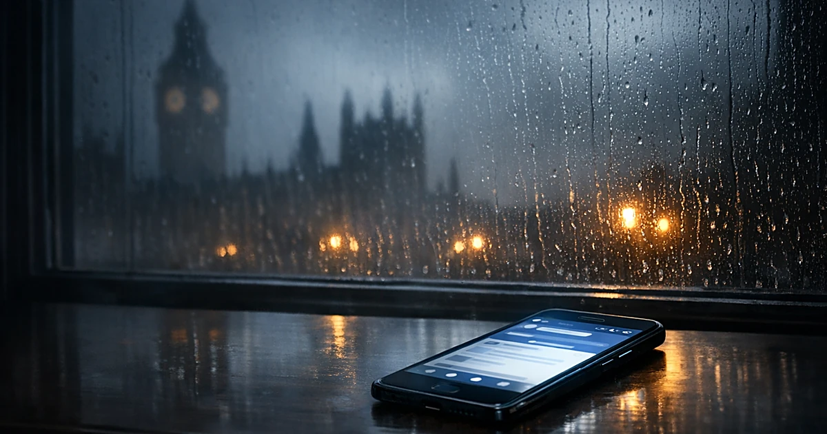 Smartphone on desk with Gothic building silhouette visible through foggy window, creating atmosphere of political tension