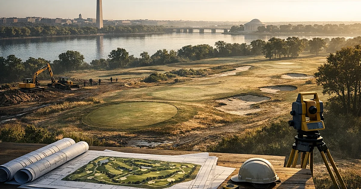 Aerial view of aging golf course with construction equipment positioned for renovation work beside river